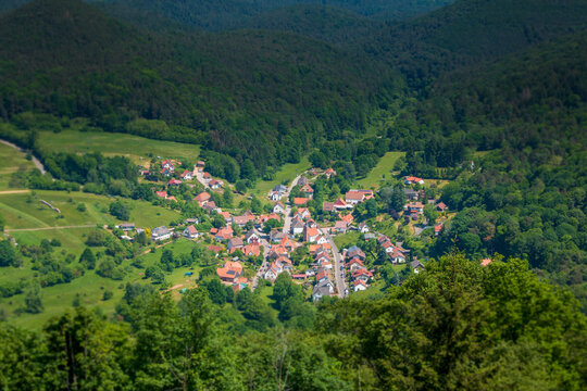 View across the red rooftops of the small village of Nothweiler in Germany's Palatinate Forest
