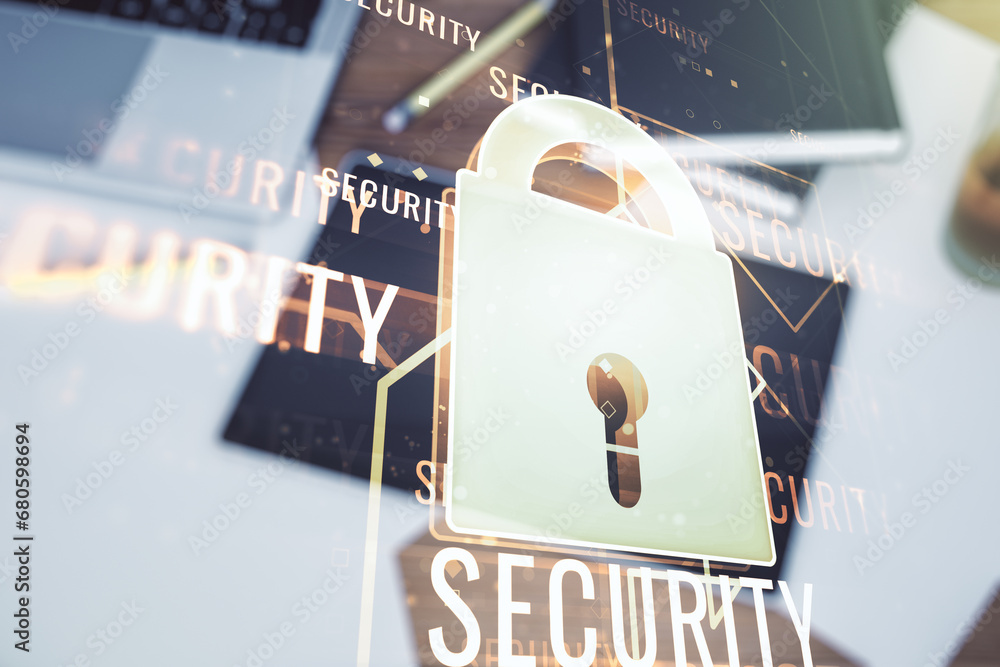 Poster creative lock illustration with microcircuit and modern digital tablet on desktop on background, top