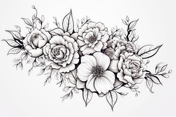 Coloring book flowers doodle style black outline.