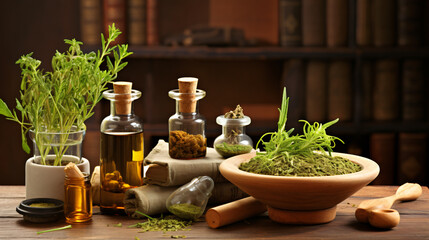 spa still life with oil, tinctures and herbs, non medical treatment