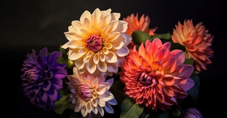 Colorful dahlia flowers on a black background. Selective focus.