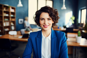 brunette businesswoman with short hair and wearing blue jacket sitting in a modern office smiling at the camera.  AI generated