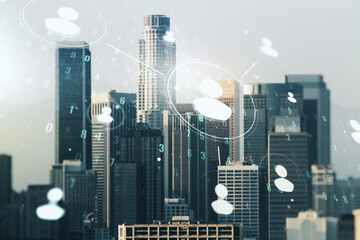 Double exposure of abstract virtual social network icons on Los Angeles city skyscrapers background. Marketing and promotion concept