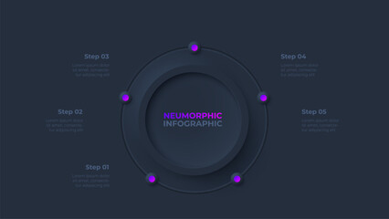 Cycle diagram with 5 options or steps. Dark infographic neumorphism template