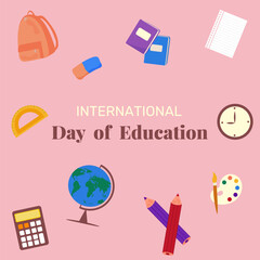 Illustration for international education day, card with school items