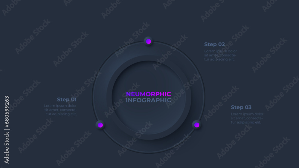 Poster cycle diagram with 3 options or steps. dark infographic neumorphism template