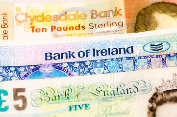 Banknotes from the Clydesdale Bank in Scotland, Bank of Ireland in Northern Ireland and the Bank of...