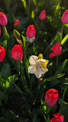 Yellow Tulip surrounded by red ones and bright green leaves , Baltimore, MD, US