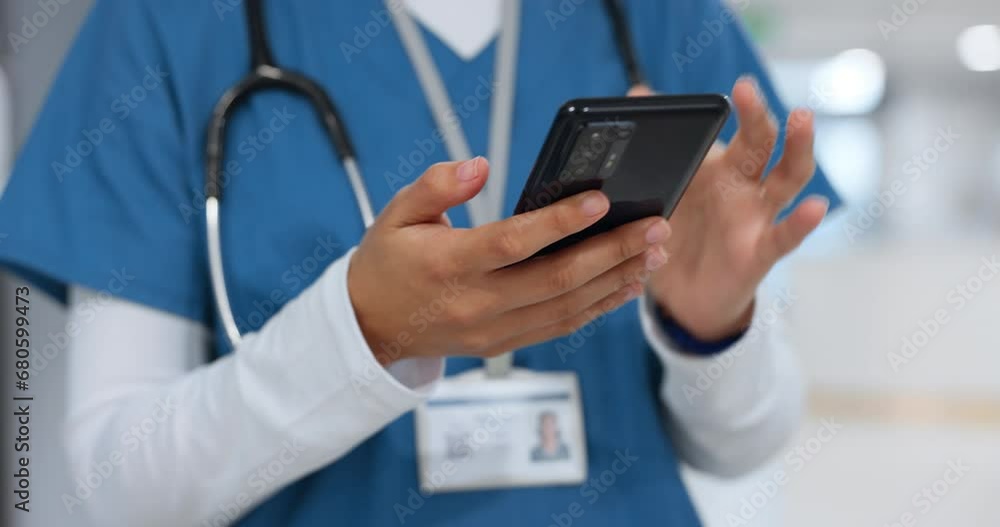 Poster hands, phone and healthcare with a nurse scrolling in a hospital closeup for research or networking.