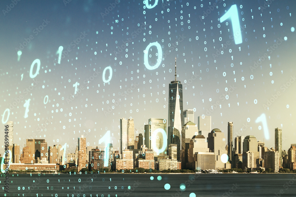 Aufkleber Abstract virtual binary code sketch on Manhattan office buildings background, hacking and matrix concept. Multiexposure
