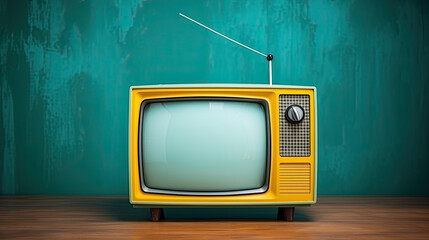 retro tv set on green background. A Retro old yellow TV front on turquoise wall copy space background