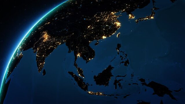 Great view of Asia Continent at Night With City Lights. Animation of Earth Seen From Space. China Japan, India, Malaysia, Vietnam.
