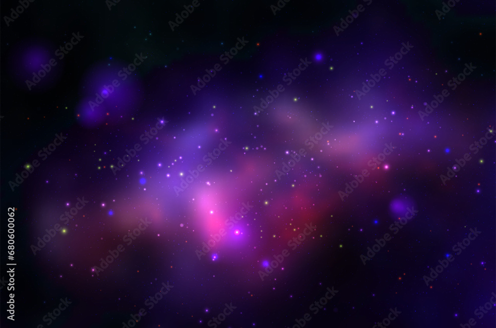 Sticker space vector background with realistic nebula and shining stars. magic colorful galaxy with stardust