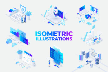 Set of isometric illustrations with characters for landing page, advertisement or presentation. Data analysis, management, SEO, planning and startup business - obrazy, fototapety, plakaty
