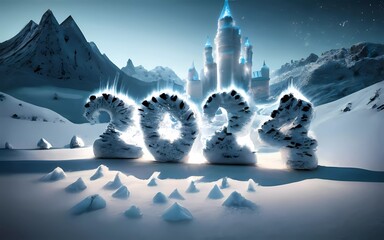 Snowy Wonders: Enter the Enchanting World of 2024 New Year's Magic with Snow Castles! Illustration, Background, Wallpaper