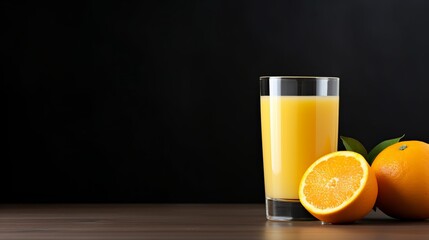 orange juice in a glass on a black background.