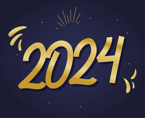 Happy New Year 2024 Holiday Abstract Gold Graphic Design Vector Logo Symbol Illustration With Blue Background