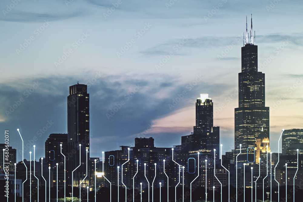 Aufkleber abstract virtual microscheme illustration on chicago skyline background. big data and database conce