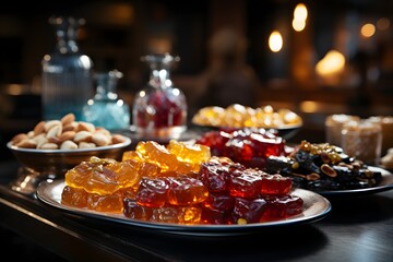 Assorted candied fruits on a wooden table in a restaurant.