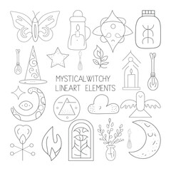 Mystical Witchy Lineart Elements,  clip art,  line art, hand-drawn elements doodles