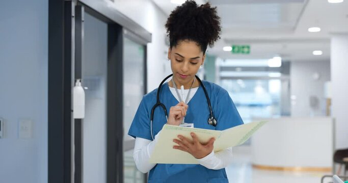 Nurse, writing and document in hospital for insurance, healthcare and compliance report with patient information. Paperwork, checklist and doctor with medical notes in file, chart or folder in clinic