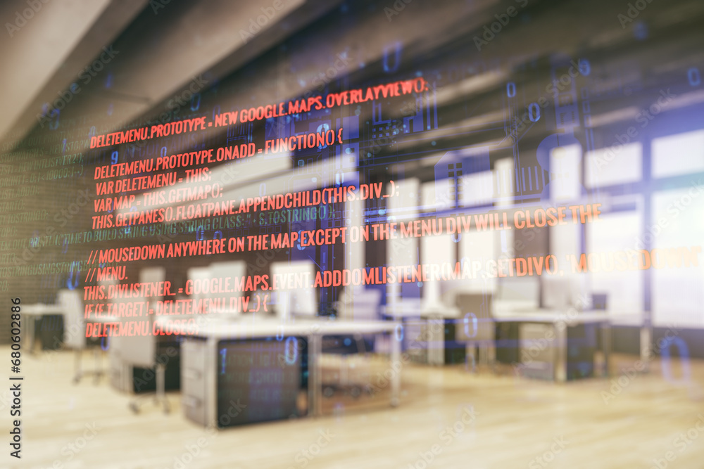 Poster abstract virtual coding illustration on a modern furnished classroom background, software developmen