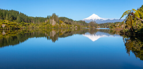 The snow-covered summit of Mt Taranaki as well as lush native trees and bushes reflected in the...