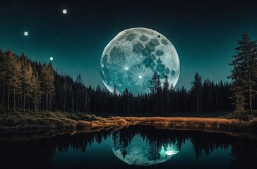 Fototapeta na wymiar Night Landscape with Giant Blue Moon