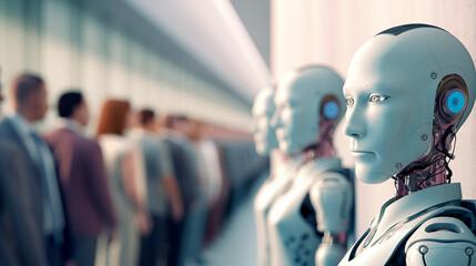 Competition in work between artificial intelligence and humans. The robots look at the line of people standing opposite them. Close-up of the robot's face - obrazy, fototapety, plakaty