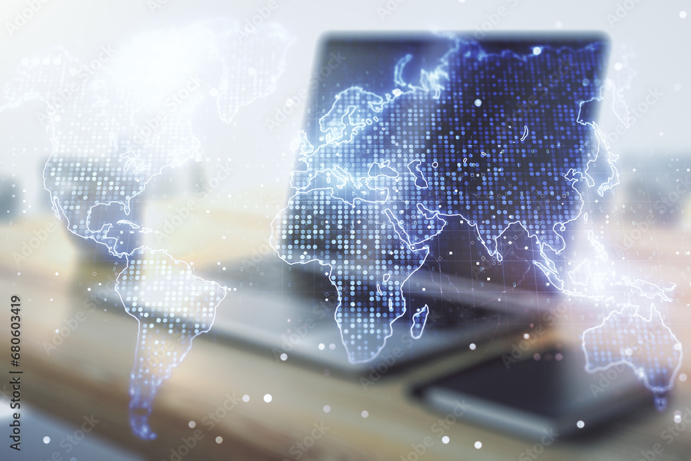 Poster multi exposure of abstract graphic world map and modern desktop with pc on background, big data and 