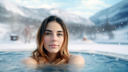 Woman relaxing in hot bath outdoors, enjoying thermal spa at snowy mountains. Winter holidays in the mountains, hot water treatments concept. Caucasian woman 