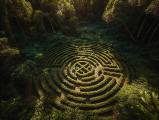 Green big labyrinth in the forest jungle.  - Powered by Adobe