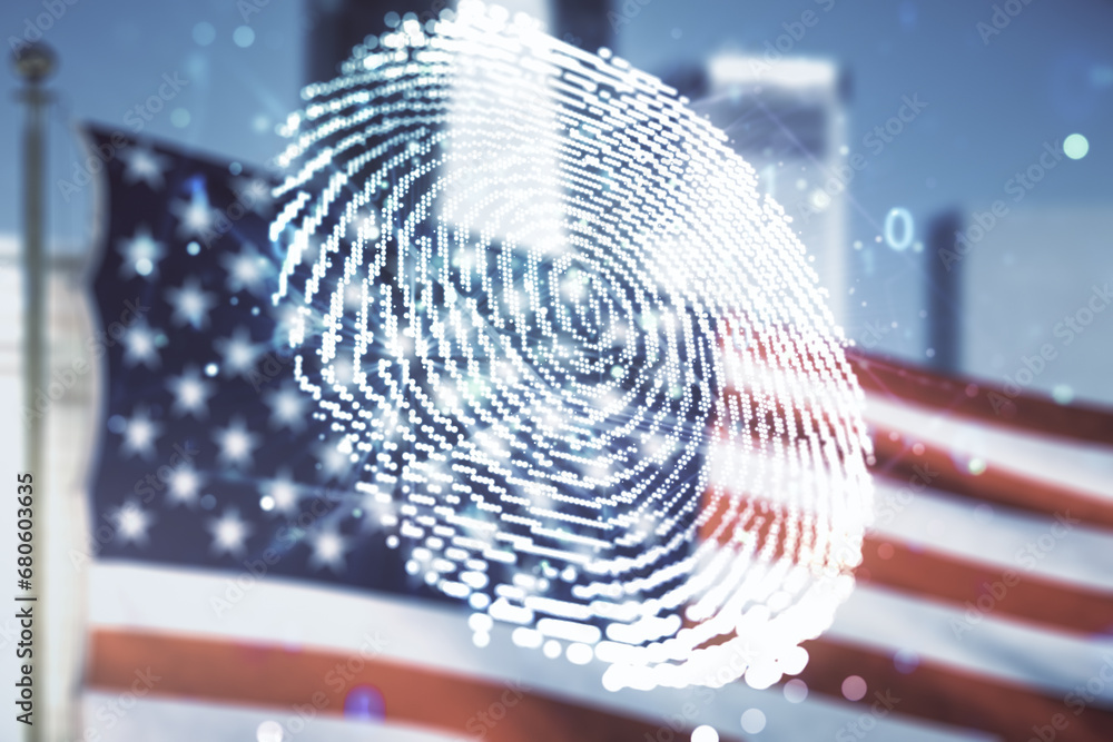 Poster multi exposure of virtual fingerprint scan interface on us flag and city background, digital access 