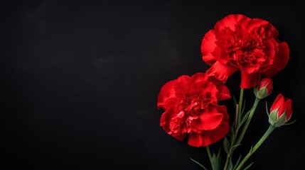 Obraz premium mourning red carnations on a black background with space for text.