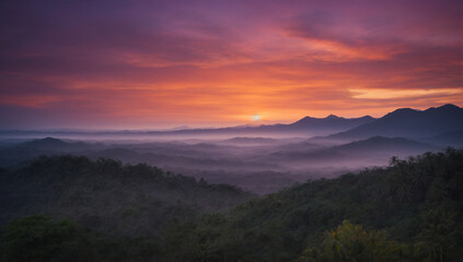 Fototapeta na wymiar Twilight setting over the jungle, painting the sky in hues of orange and purple - AI Generative