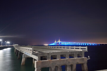 Night landscape of Skyway Fishing Pier State Park is a Florida State Park. The old broken collapsed...