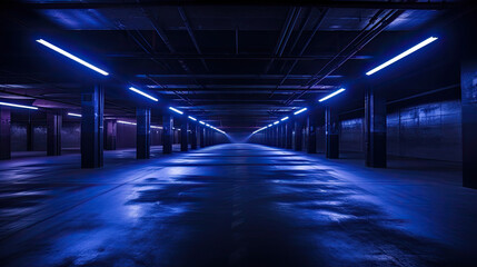 Dark Blue Led Brick Glowing Concrete Tunnel Corridor Garage Underground Dark Night Empty Industrial Car Showroom Parking modern