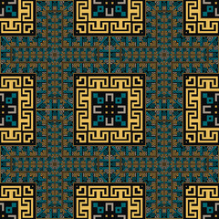 Greek key meanders checkered grid seamless pattern. Modern geometric vector background with trendy ornaments, ancient greece symbols, signs, square frames, borders. Repeat tribal ethnic backdrop