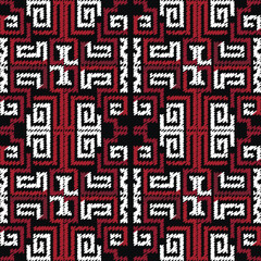 Zigzag lines and hatches geometric tribal ethnic greek style black white red seamless pattern. Textured ornamental zig zag lines vector background. Greek key meanders grunge hatched maze ornaments