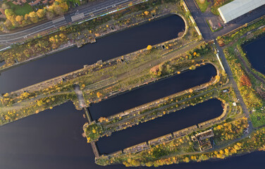Dry docks now redundant and wetlands area on the River Clyde