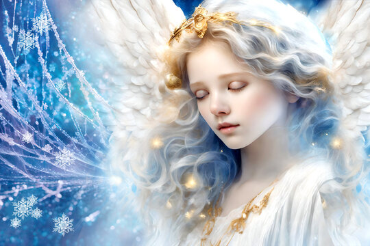 Christmas winter angel archangel with angelic lights, snowflakes, christmas decorations and dreamy ethereal style