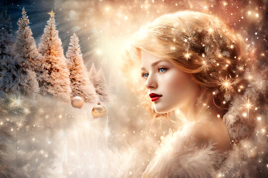 Christmas winter angel archangel with angelic lights, snowflakes, christmas decorations and dreamy ethereal style