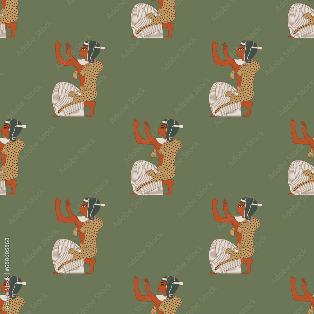 Wall mural Seamless ethnic pattern with kneeling praying ancient Egyptian men. On green background.