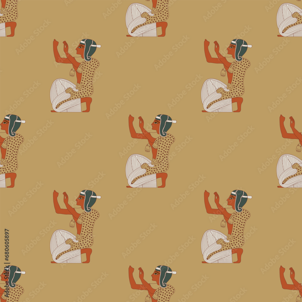 Wall mural seamless ethnic pattern with kneeling praying ancient egyptian men. on yellow background.