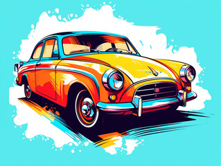 A vintage car in pop art illustration style. White background.