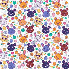 Cute hares and rabbits pet faces, their food and hobbies seamless pattern. Hares and rabbits smiles, winks his owner. Food, treats, home and care. Ornament for printing on fabric, cover and packaging