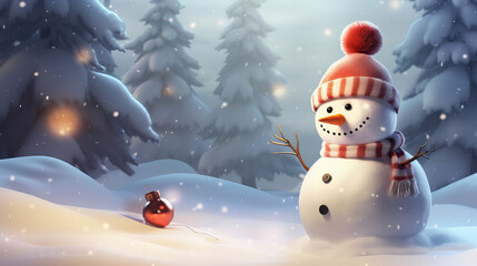Naklejka na ściany i meble cartoon-like, cute snowman in the woods 