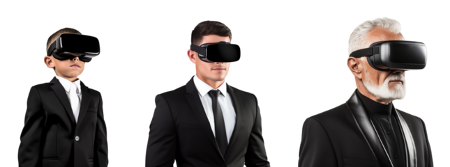 Stylish men of different ages wearing virtual reality glasses, cut out - stock png.