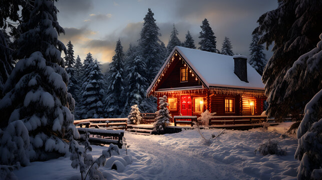 The world most beautiful Wallpaper, Landscape and Background Generative Ai technology, Cabin in the alpine, House in the woods while it is snowing. is snow-covered.


