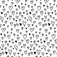 Grunge Black Heart seamless pattern with hand drawn abstract symbols. Ornament for printing on fabric, cover and packaging. Simple black and white vector ornament isolated on white background